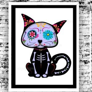 Purple Cat Sugar Skull Naughty Kitty Cat Art Print 8.5x11